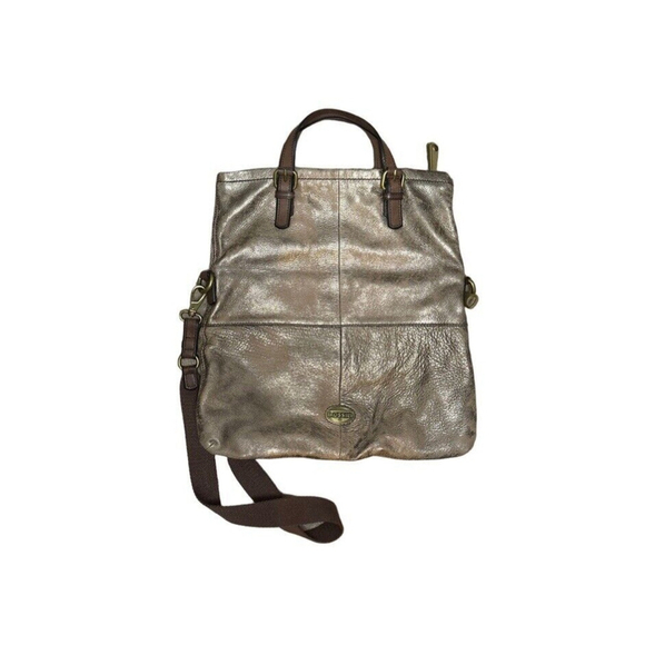 Fossil Explorer XL Metallic Leather Fold Over Crossbody Hobo Tote Shoulder Bag - Picture 2 of 11